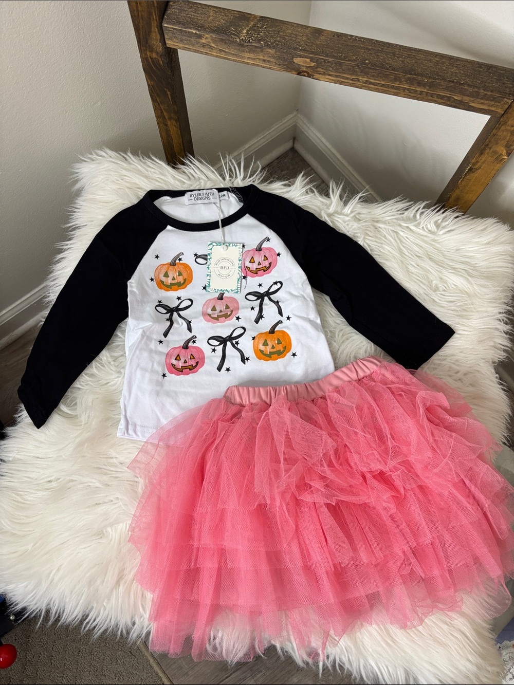 Kids Halloween Pumpkin Baseball Tee & Pink Tulle Skirt Set Size 12M